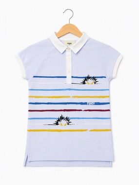 Fendi Italy Luxury Periwinkle Striped Monster Eyes Polo Shirt Pastel 4A / 4T